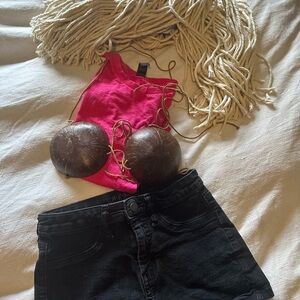 Ula from 50 first dates costume.Pink Top with Coconut Shell Bra and Black Shorts